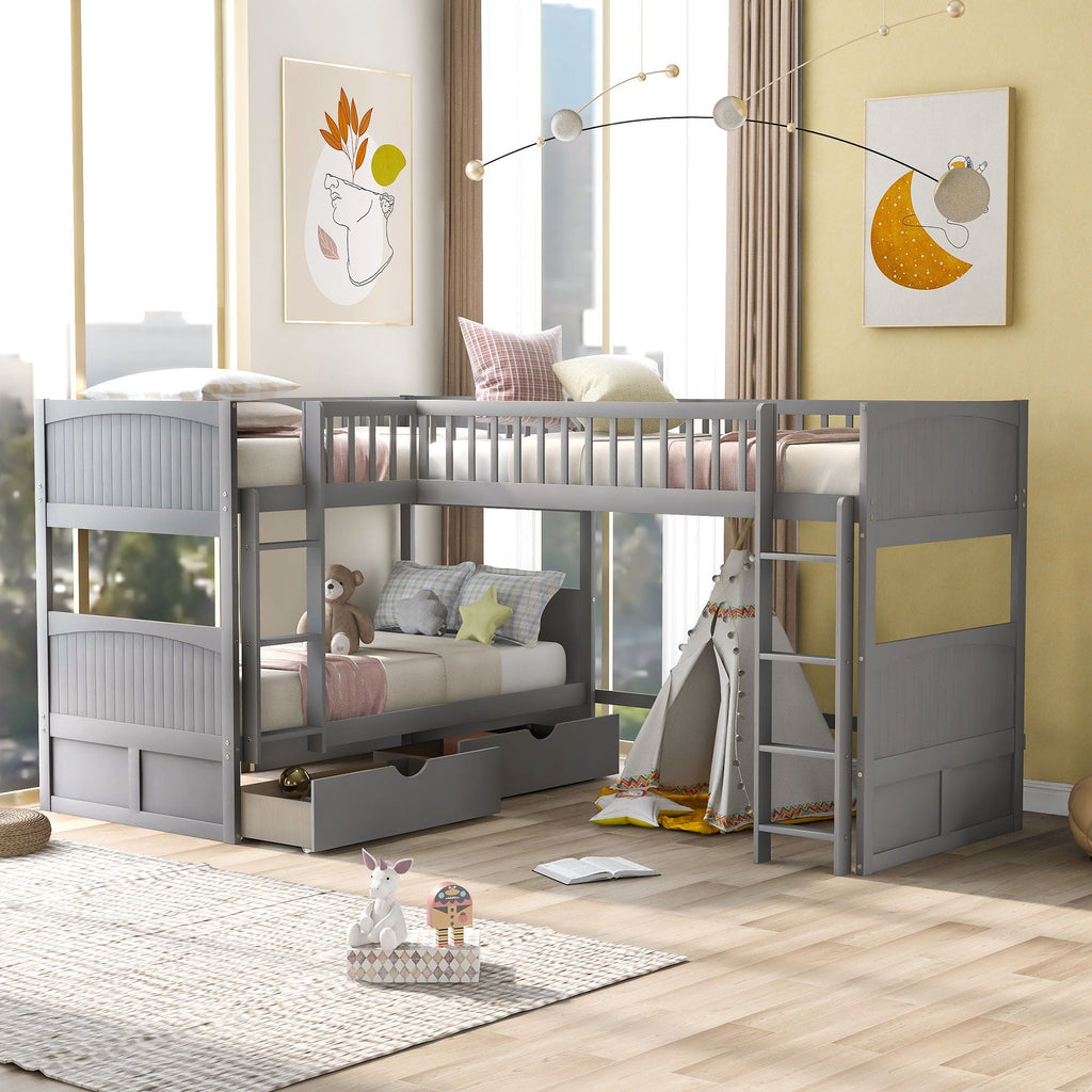 Triple Twin Bunk Bed With Loft and 2 Drawers - Dark Gray or White