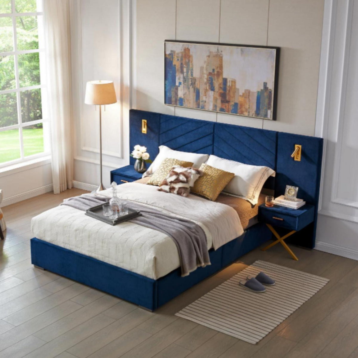 Upholstered Bed with Vertical Channel Tufted Wingback Headboard - Blue or Red