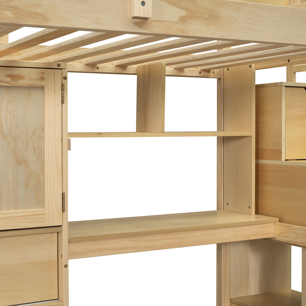 Twin Over Twin Loft Bed with Built-In Desk and Staircase - White or Light Brown
