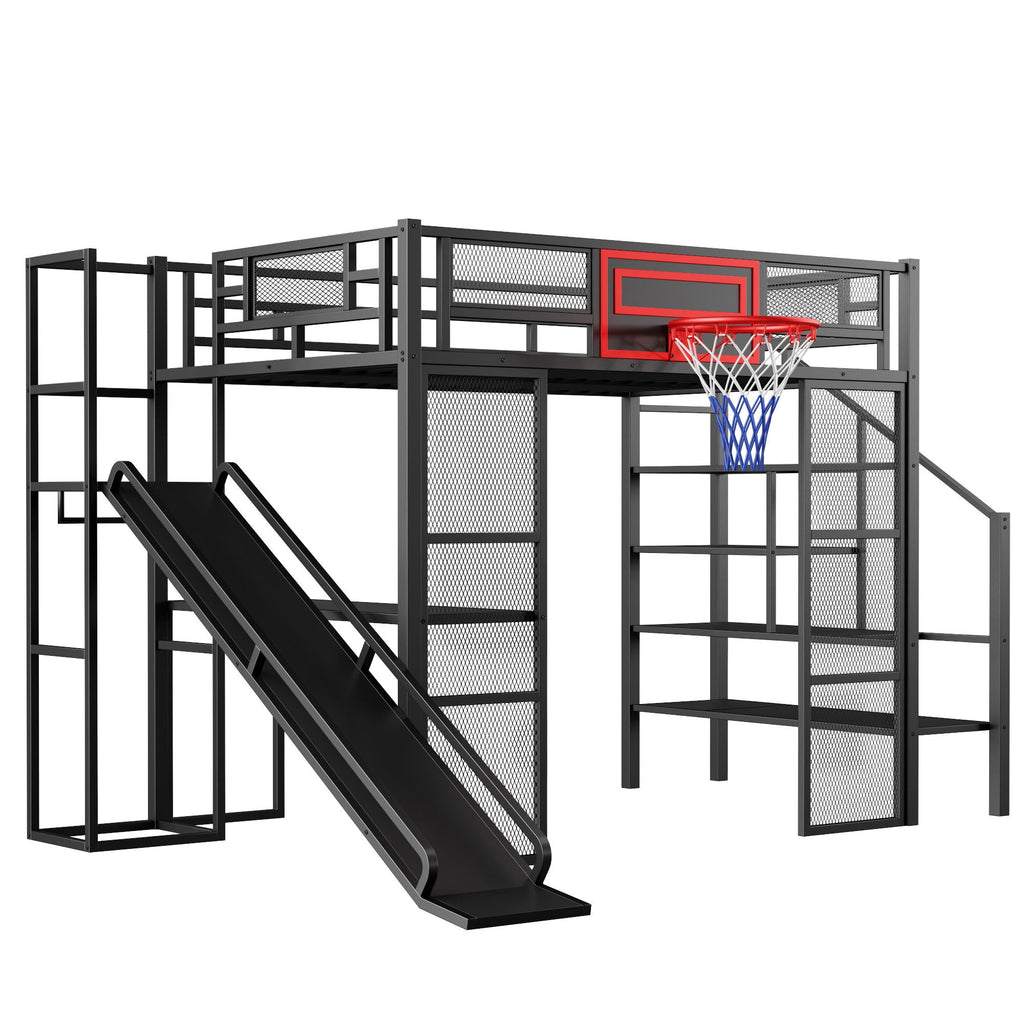 Full Loft Bed with Built-In Desk, Slide & Storage - Black or White
