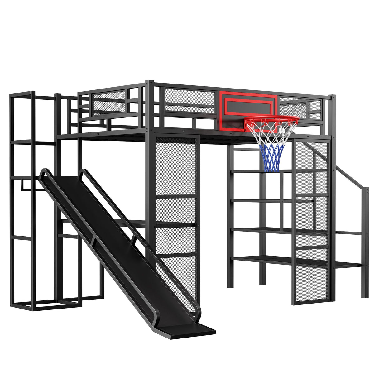 Full Loft Bed with Built-In Desk, Slide & Storage - Black or White
