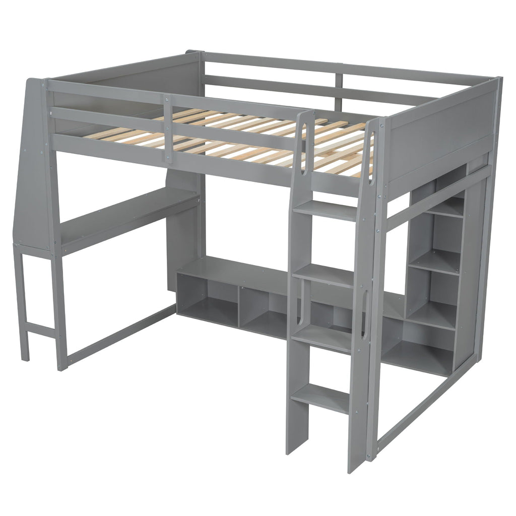 Gaming Loft Bed with Desk and Storage Shelves – LED Lighting – Black or Dark Gray