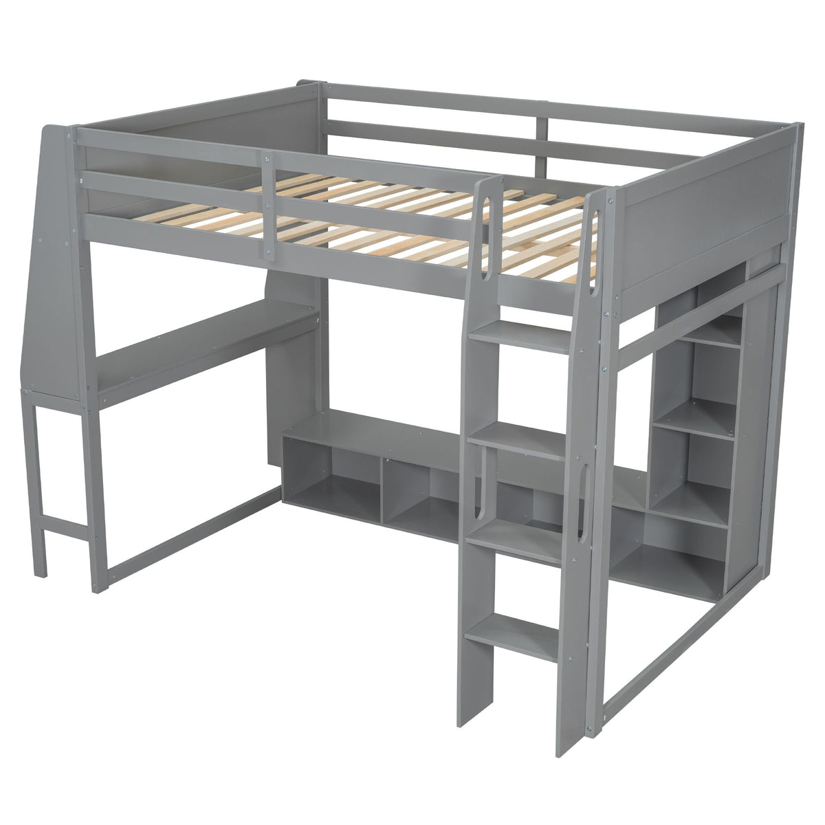 Gaming Loft Bed with Desk and Storage Shelves – LED Lighting – Black or Dark Gray