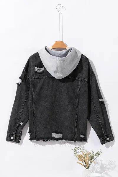Distressed Drawstring Long Sleeve Hooded Denim Jacket for Women