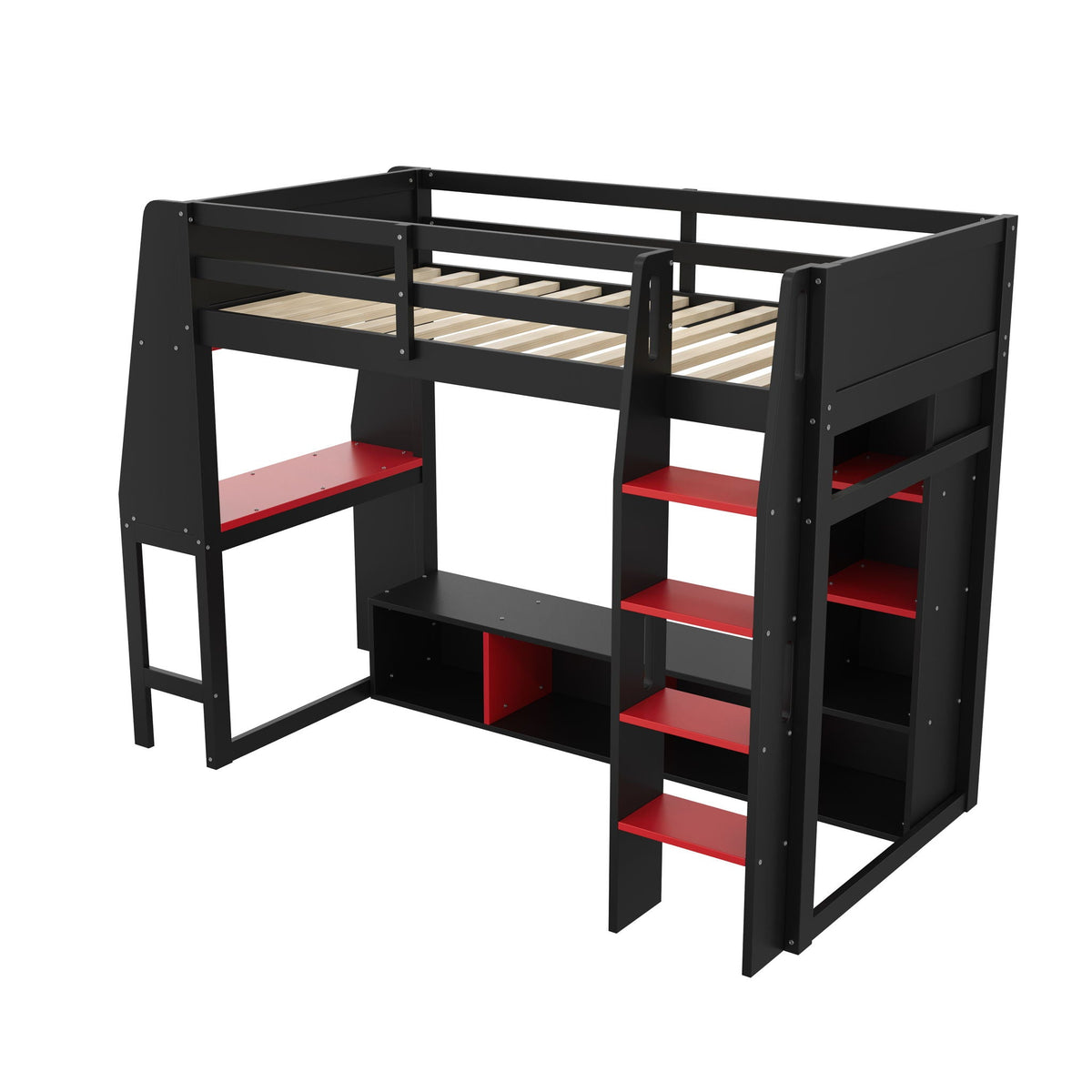Gaming Loft Bed with Desk and Storage Shelves – LED Lighting – Black or Dark Gray