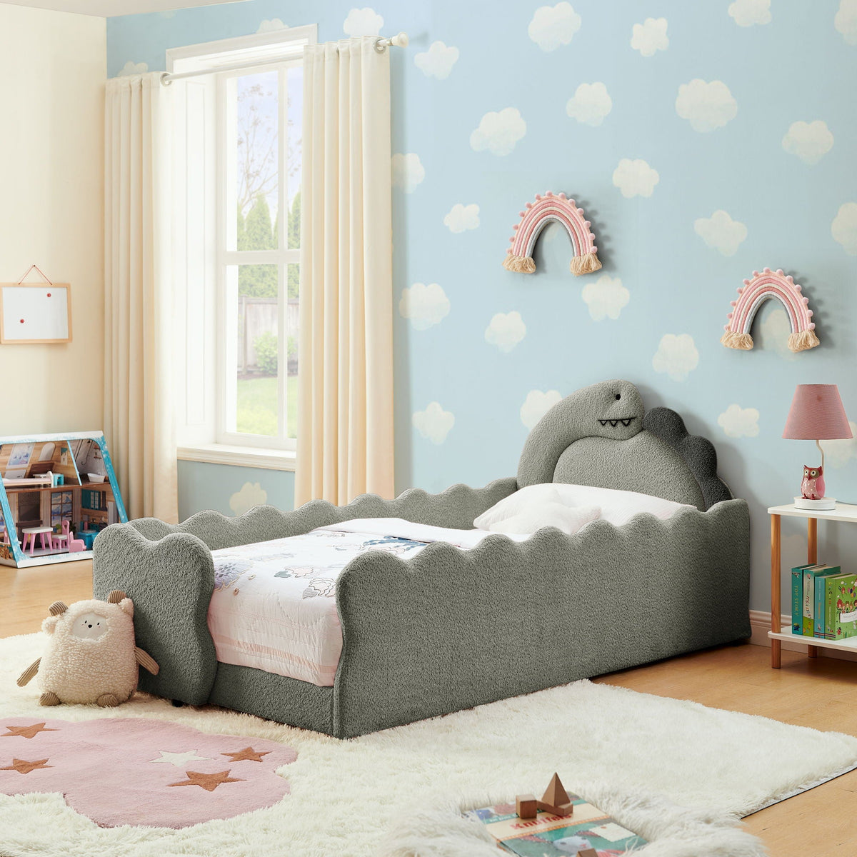Dinosaur Shaped Toddler Bed with Safety Guardrail - Twin Upholstered Bed