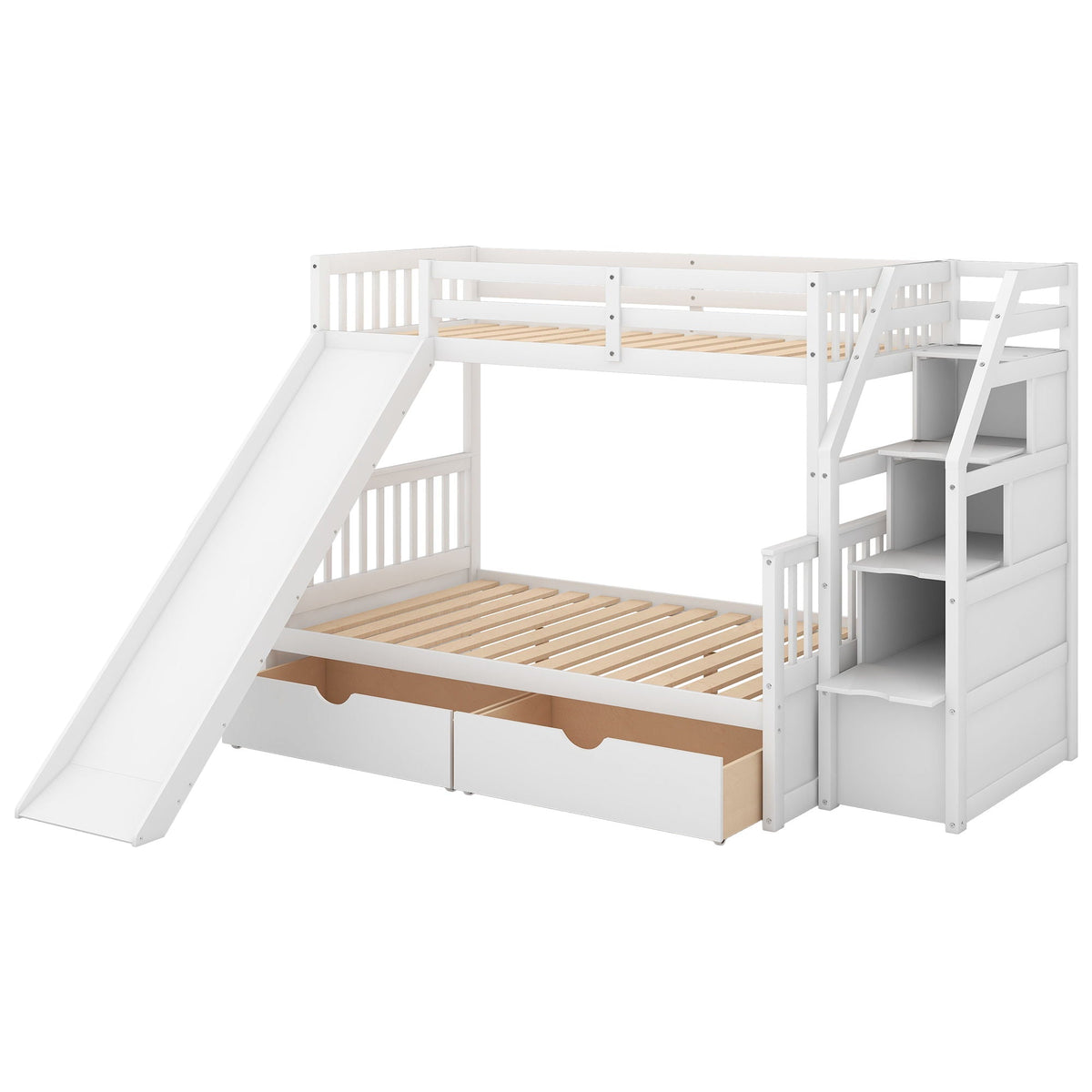 Bunk Bed with Storage Staircase, Slide & Desk - Twin or Full - Dark Gray or White