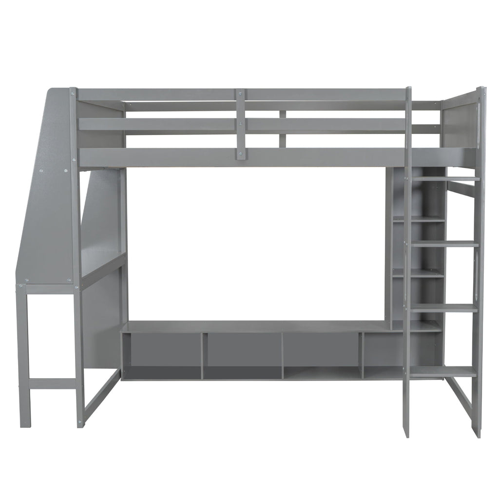 Gaming Loft Bed with Desk and Storage Shelves – LED Lighting – Black or Dark Gray