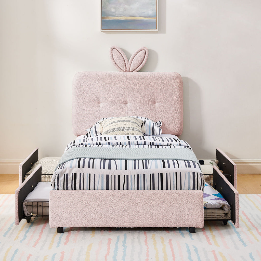 Upholstered Storage Bed with Oversized Rabbit Ear Headboard & LED Lights - Beige or Light Blue