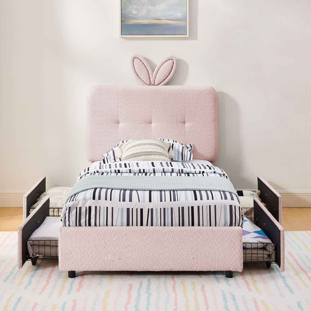 Upholstered Storage Bed with Oversized Rabbit Ear Headboard & LED Lights - Beige or Light Blue