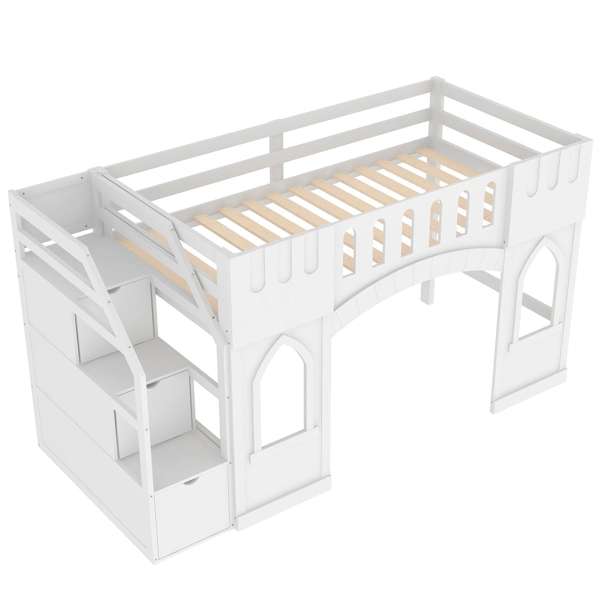 Loft Bed With Storage Staircase and Windows - Twin Size