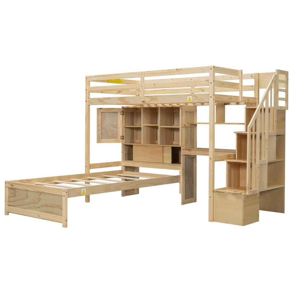 Twin Over Twin Loft Bed with Built-In Desk and Staircase - White or Light Brown