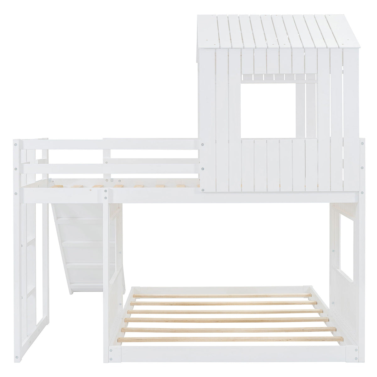 Loft Bunk Bed With Playhouse, Slide, and Guardrails - Twin Over Full