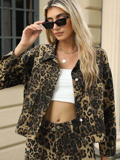 Pocketed Leopard Long Sleeve Denim Jacket for Women