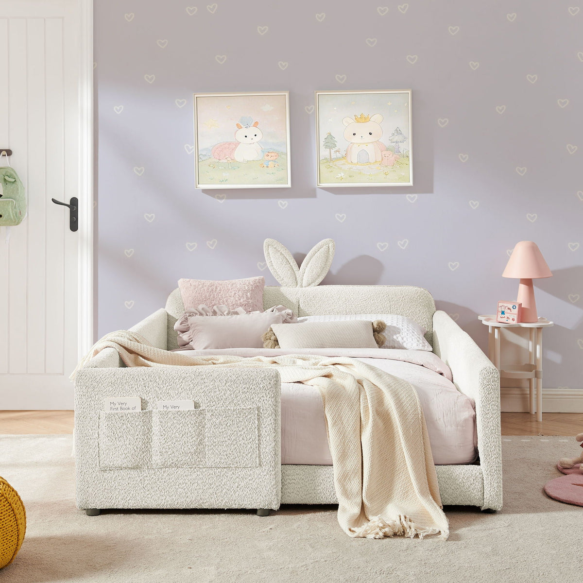 Cute Rabbit Ear Upholstered Platform Bed Frame with Safety Rail - Multiple Colors