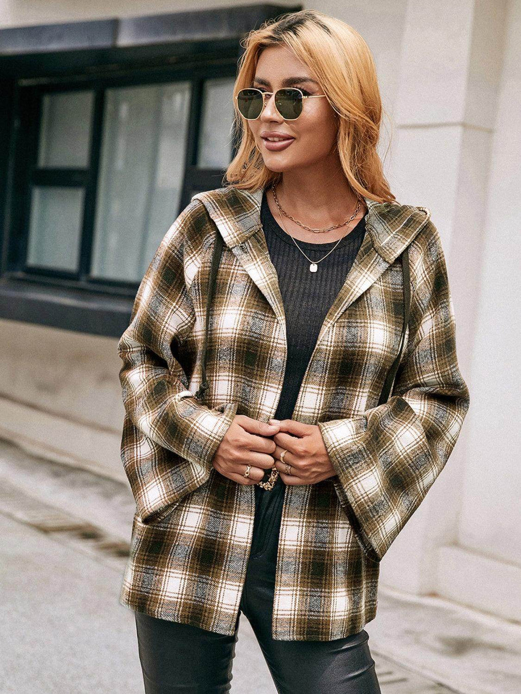 Ivy Lane Pocketed Plaid Long Sleeve Hooded Jacket for Women