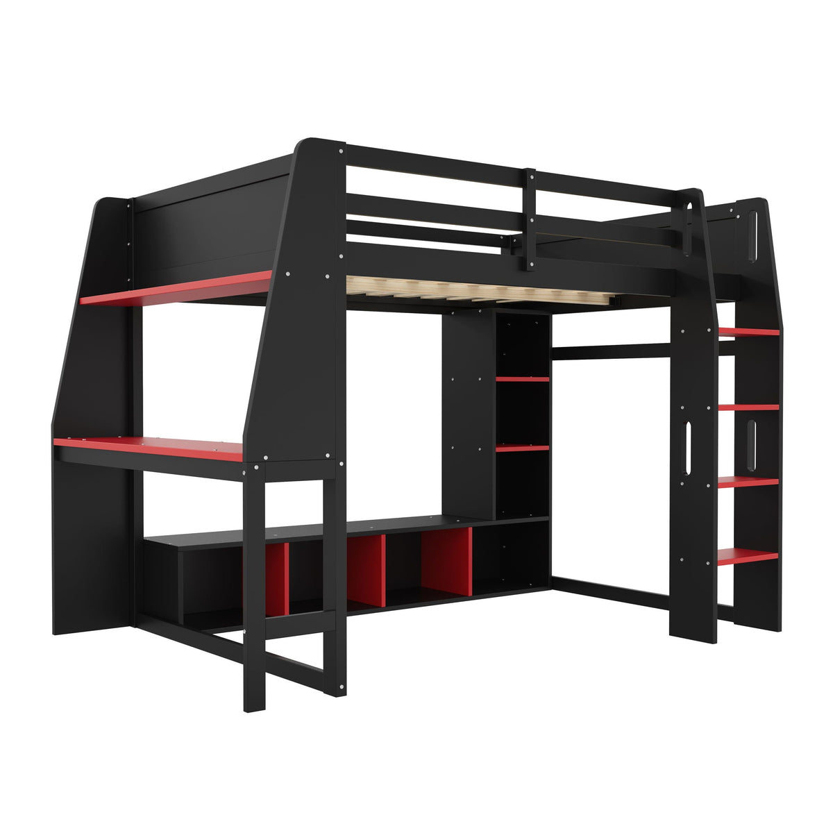 Gaming Loft Bed with Desk and Storage Shelves – LED Lighting – Black or Dark Gray