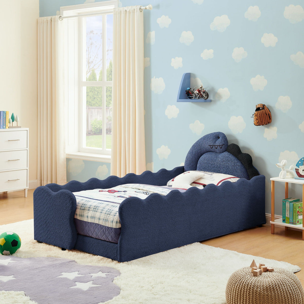 Dinosaur Shaped Toddler Bed with Safety Guardrail - Twin Upholstered Bed