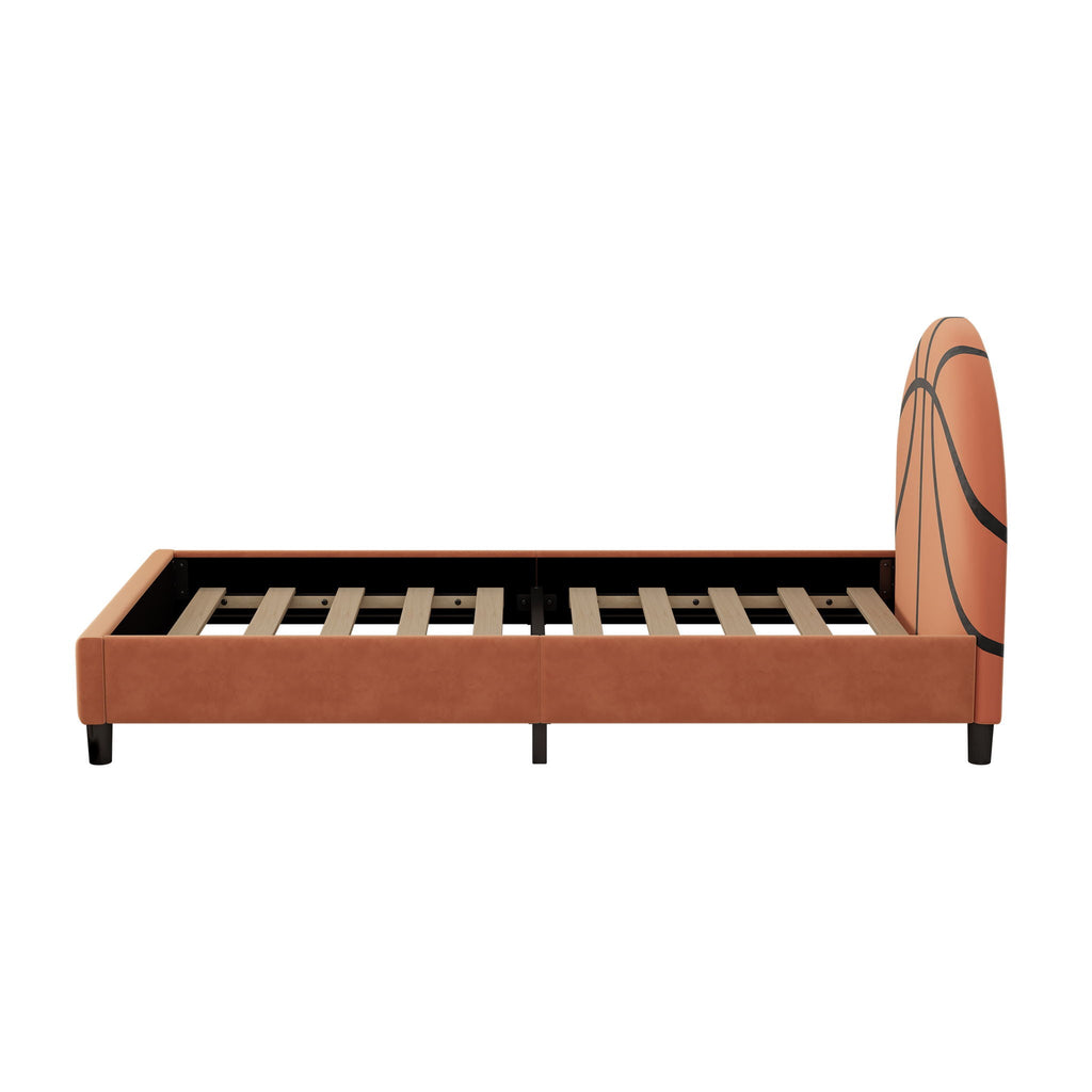 Basketball Design Upholstered Twin Platform Bed with Sport Style Headboard - Orange