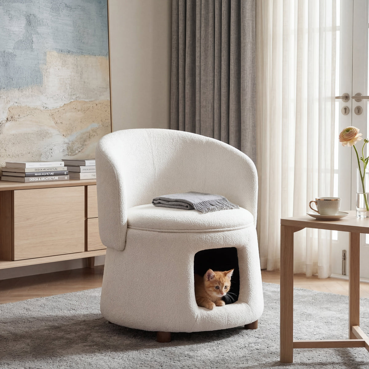 Beige Pet Friendly Chair with Hidden Pet Nook and Storage Seat - Beige