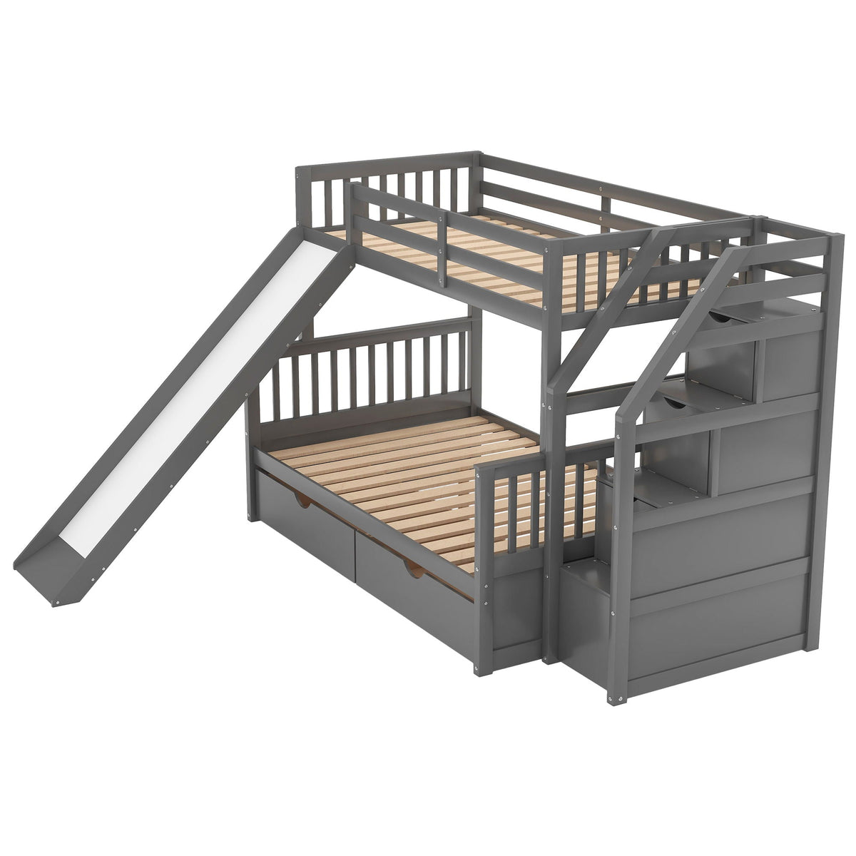 Bunk Bed with Storage Staircase, Slide & Desk - Twin or Full - Dark Gray or White