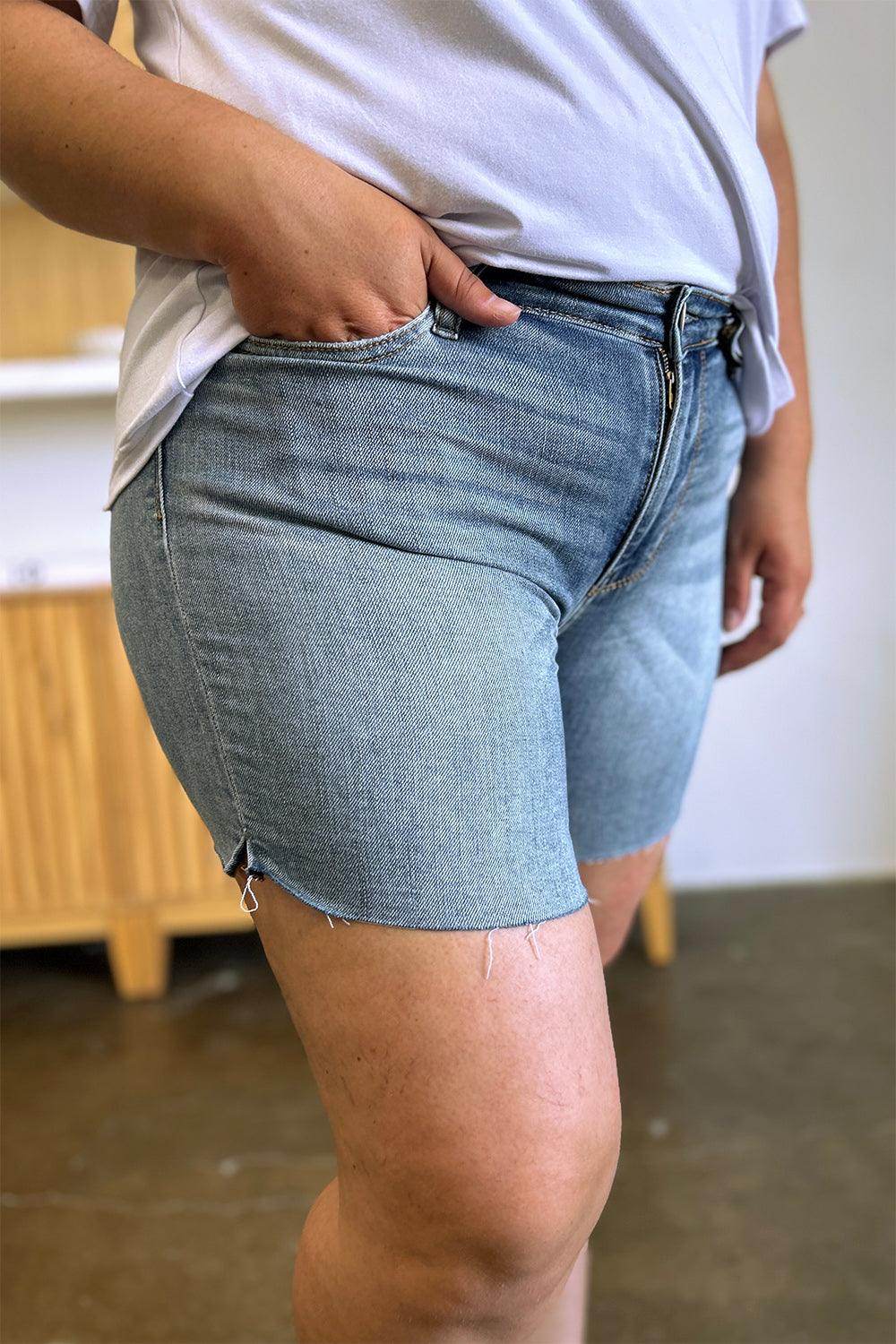 Judy Blue Full Size High Waist Raw Hem Denim Shorts for Women