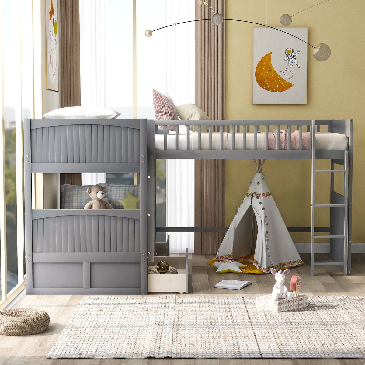 Triple Twin Bunk Bed With Loft and 2 Drawers - Dark Gray or White