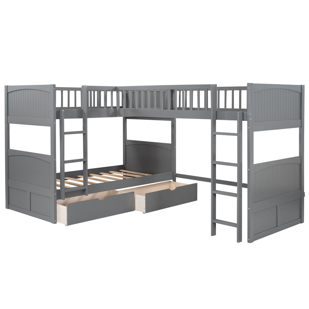 Triple Twin Bunk Bed With Loft and 2 Drawers - Dark Gray or White
