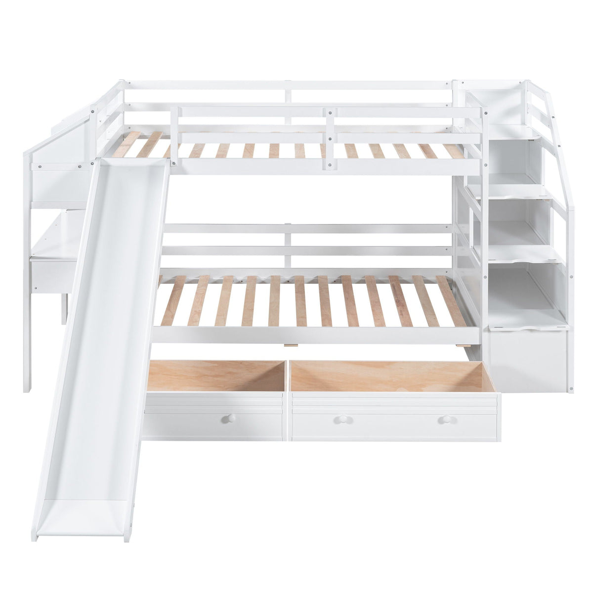 Bunk Bed with Storage Staircase, Slide & Desk - Twin or Full - Dark Gray or White