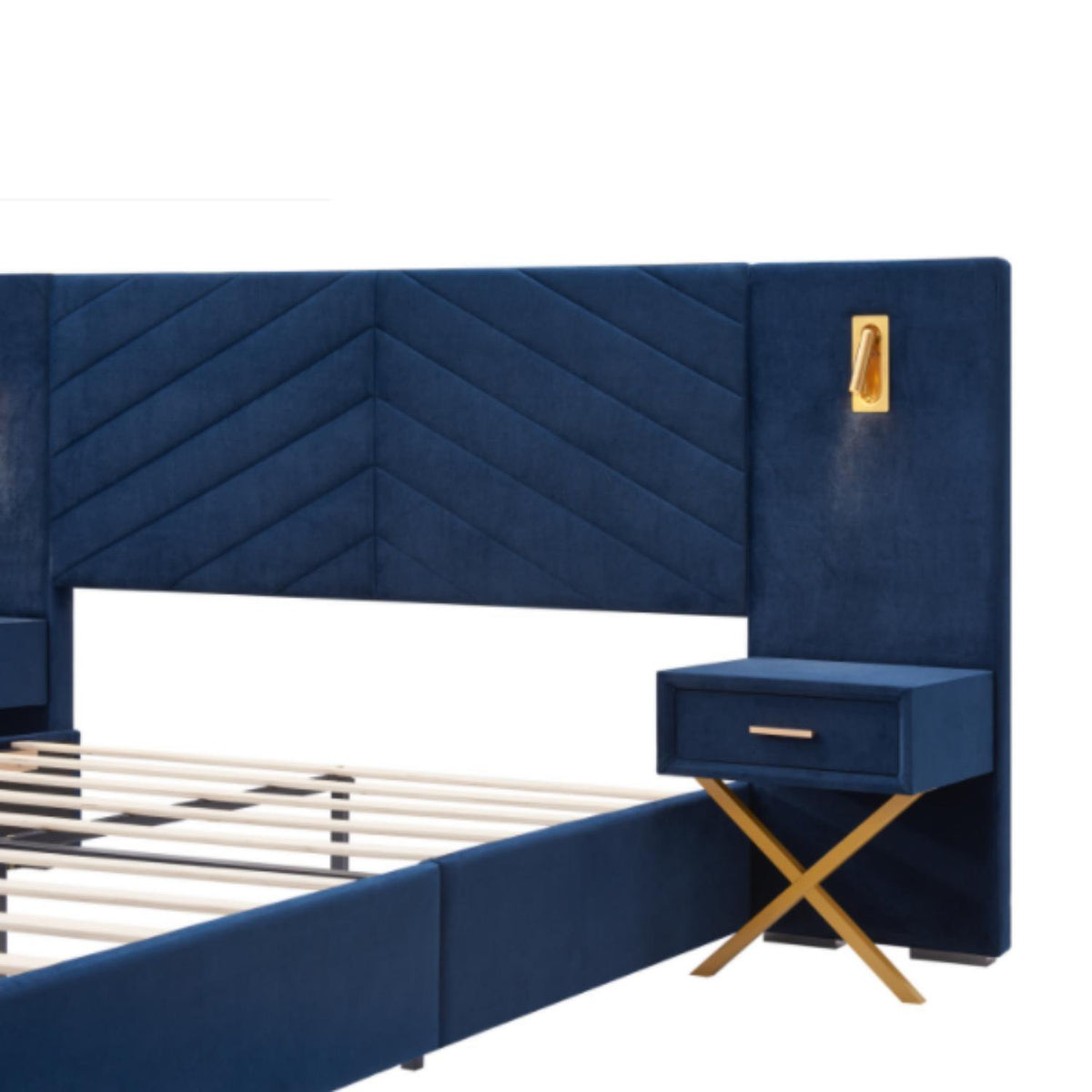 Upholstered Bed with Vertical Channel Tufted Wingback Headboard - Blue or Red