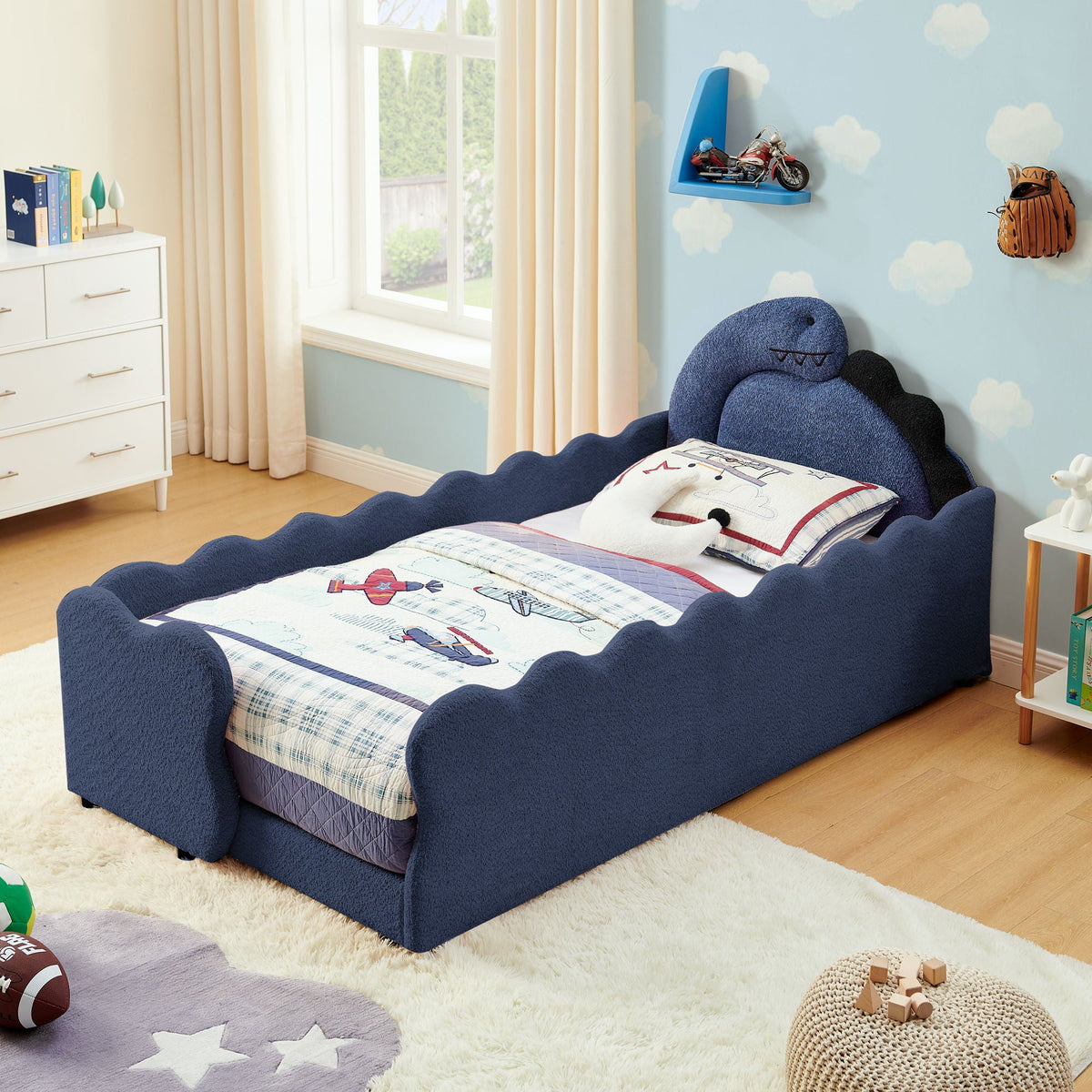 Dinosaur Shaped Toddler Bed with Safety Guardrail - Twin Upholstered Bed