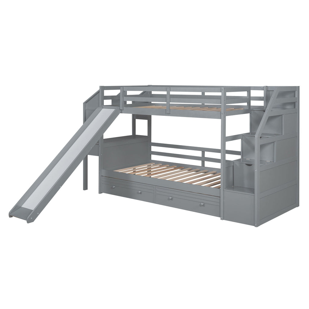 Bunk Bed with Storage Staircase, Slide & Desk - Twin or Full - Dark Gray or White