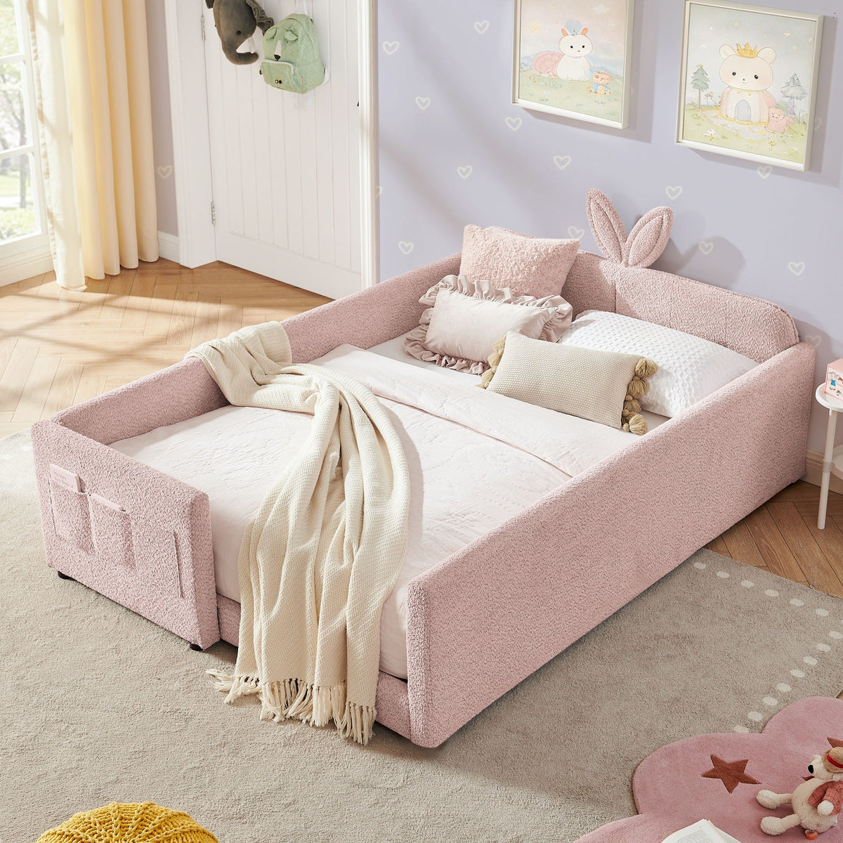 Cute Rabbit Ear Upholstered Platform Bed Frame with Safety Rail - Multiple Colors
