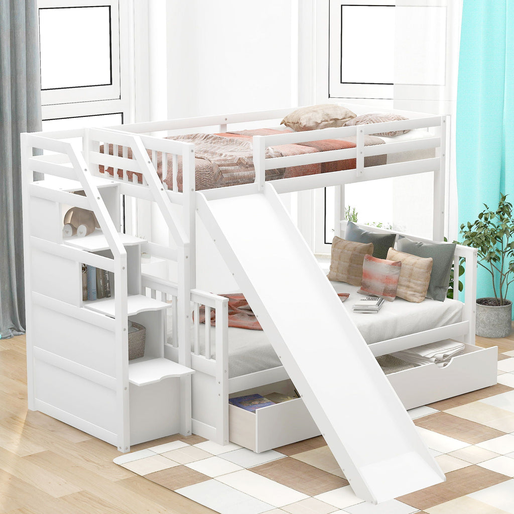 Bunk Bed with Storage Staircase, Slide & Desk - Twin or Full - Dark Gray or White