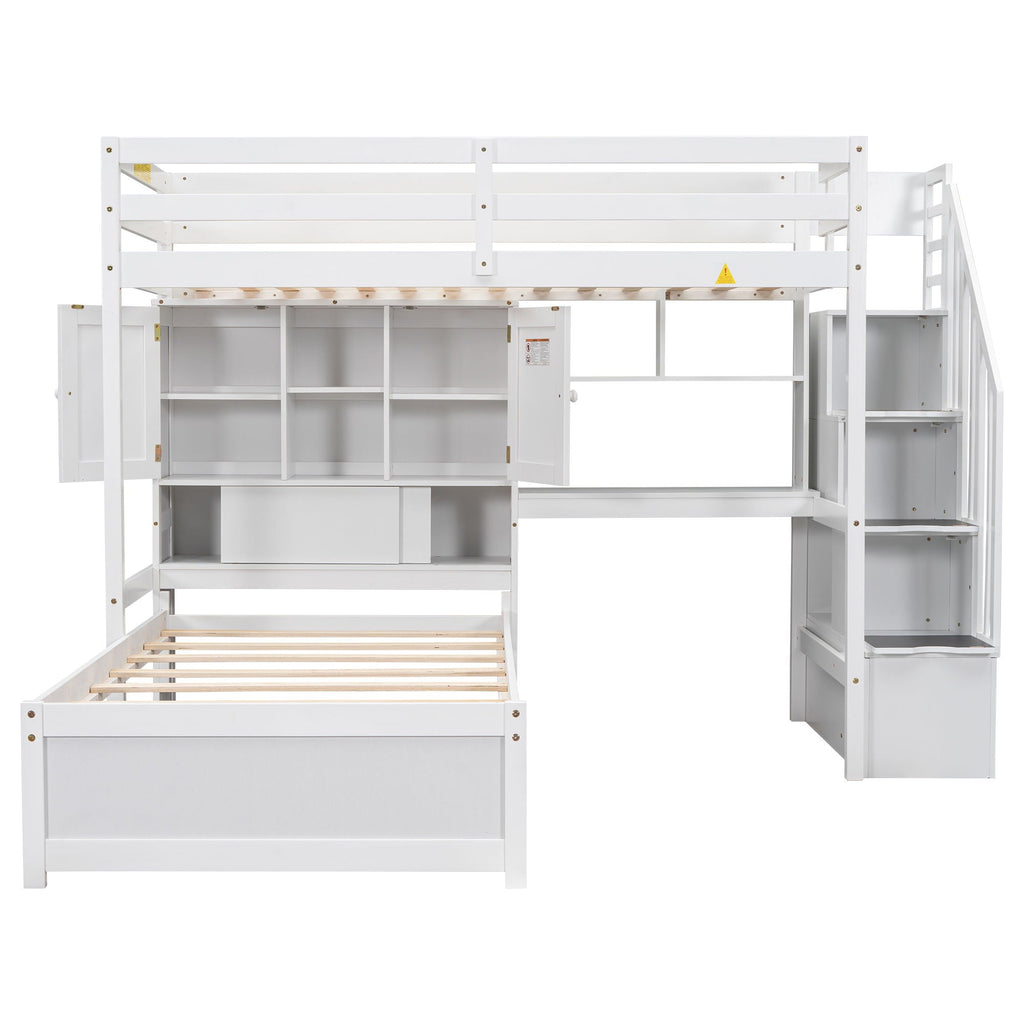 Twin Over Twin Loft Bed with Built-In Desk and Staircase - White or Light Brown