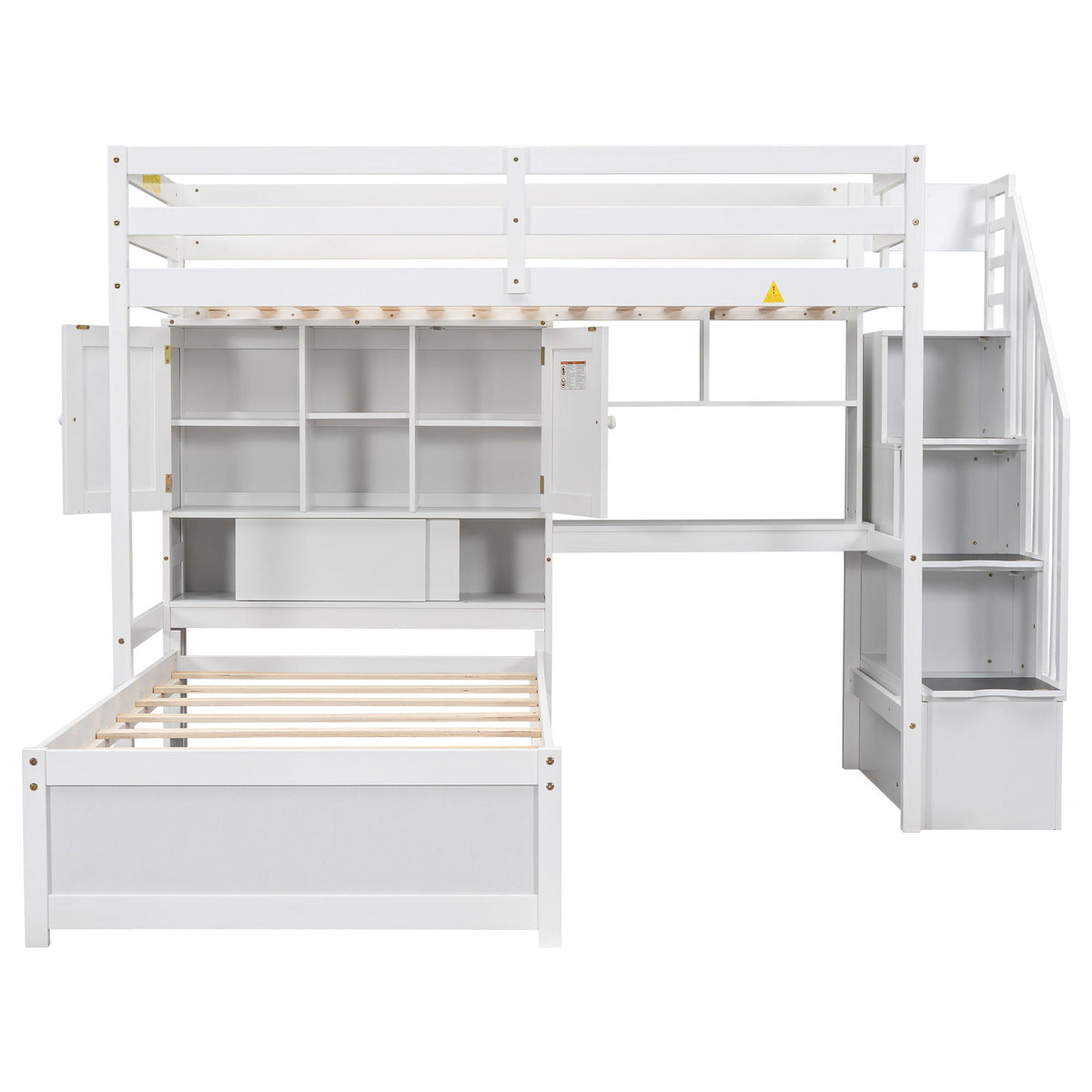 Twin Over Twin Loft Bed with Built-In Desk and Staircase - White or Light Brown