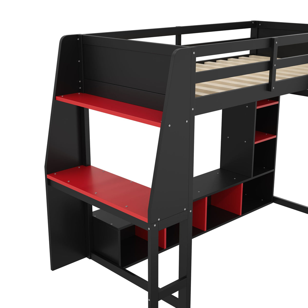Gaming Loft Bed with Desk and Storage Shelves – LED Lighting – Black or Dark Gray