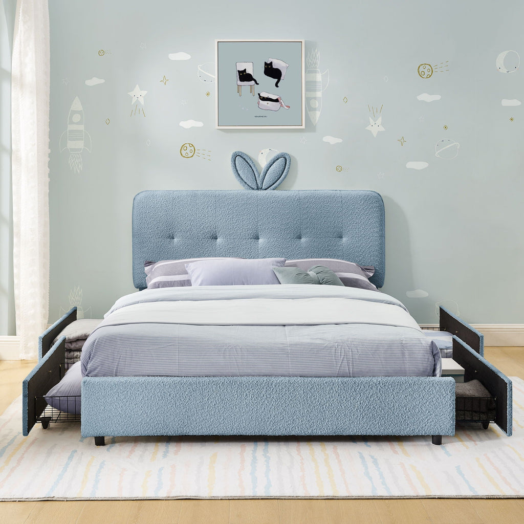 Upholstered Storage Bed with Oversized Rabbit Ear Headboard & LED Lights - Beige or Light Blue
