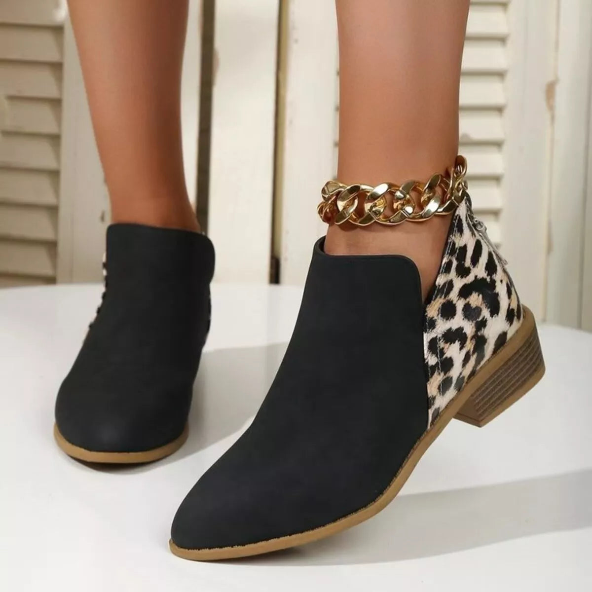 Leopard Point Toe Block Heels Boots