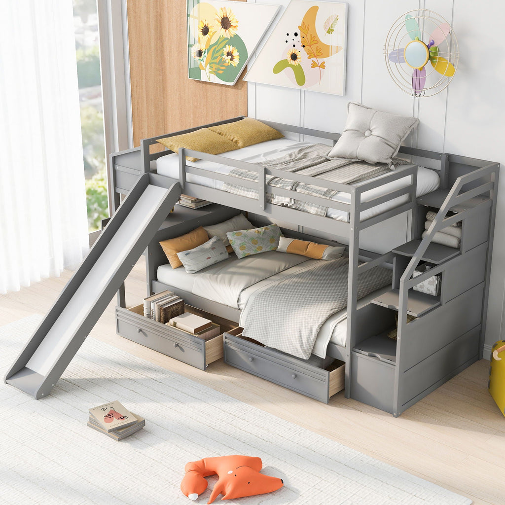 Bunk Bed with Storage Staircase, Slide & Desk - Twin or Full - Dark Gray or White