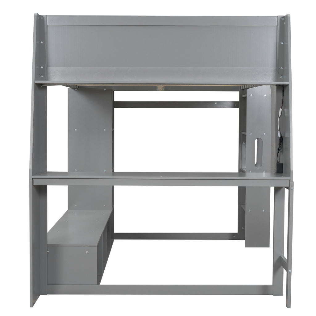 Gaming Loft Bed with Desk and Storage Shelves – LED Lighting – Black or Dark Gray