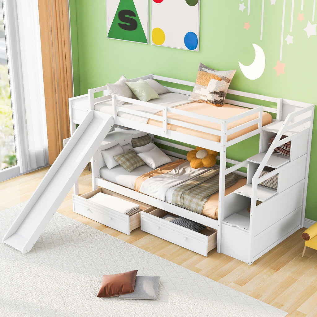 Bunk Bed with Storage Staircase, Slide & Desk - Twin or Full - Dark Gray or White