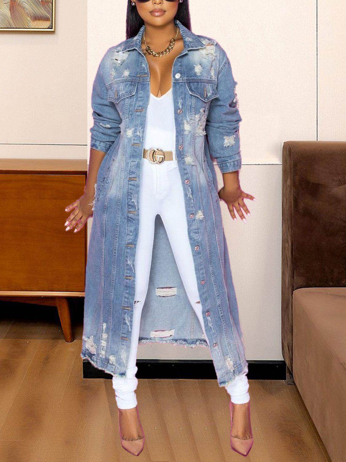 Chic Long Sleeve Raw Hem Denim Jacket for Stylish Women