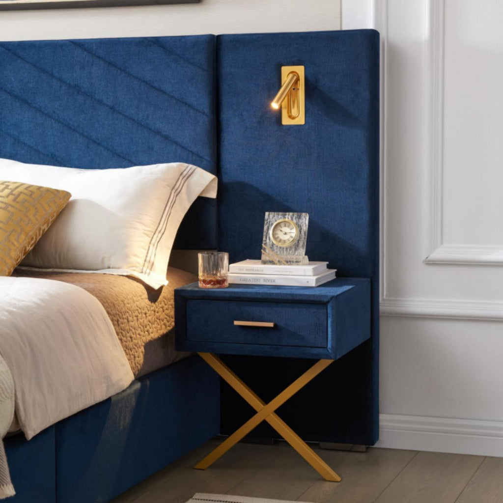 Upholstered Bed with Vertical Channel Tufted Wingback Headboard - Blue or Red