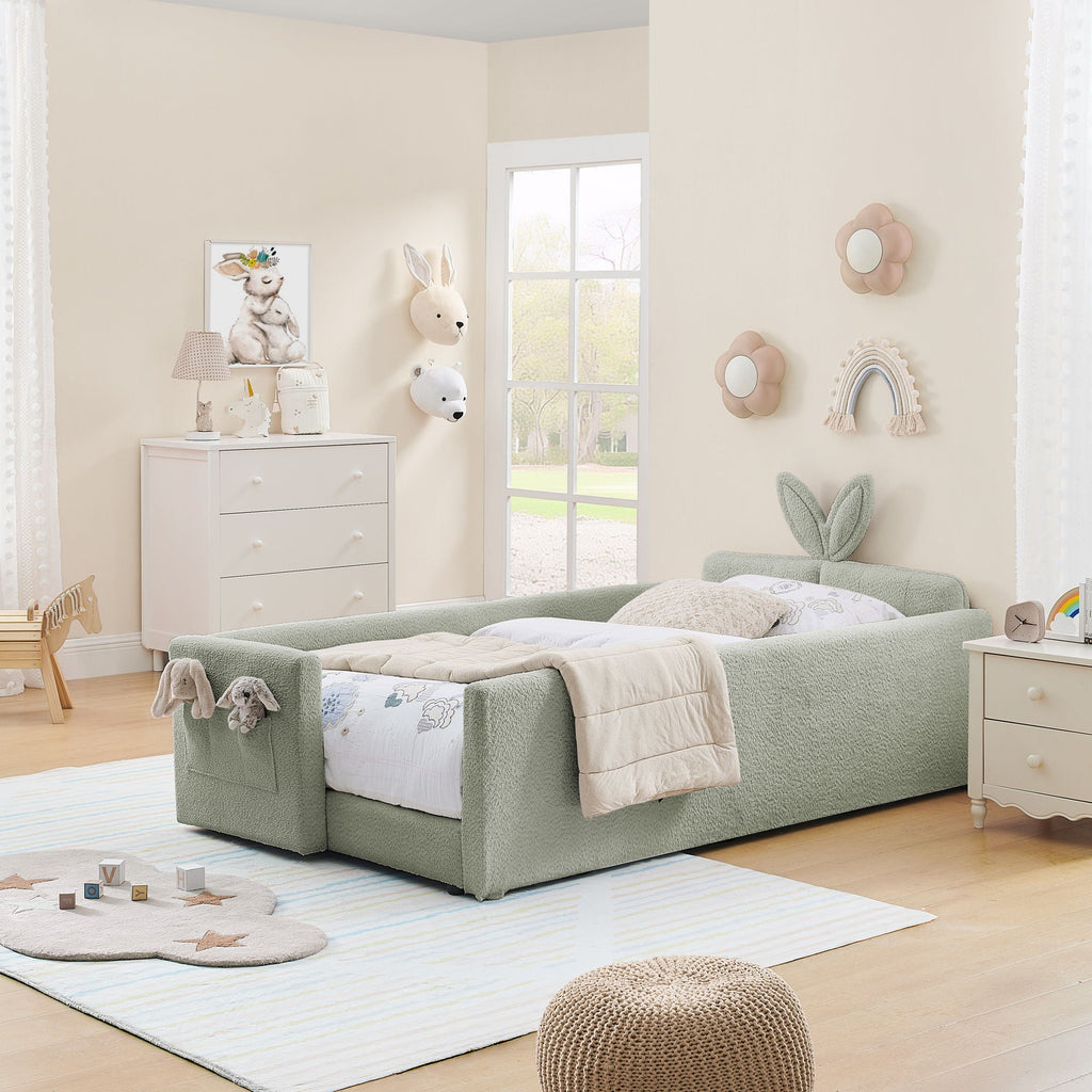 Cute Rabbit Ear Upholstered Platform Bed Frame with Safety Rail - Multiple Colors