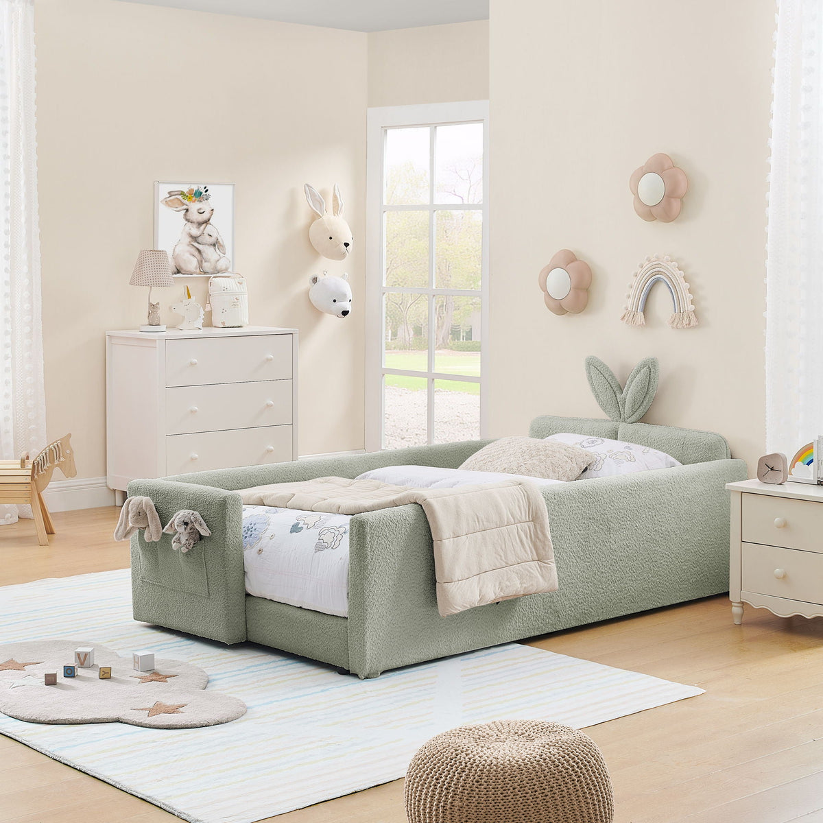 Cute Rabbit Ear Upholstered Platform Bed Frame with Safety Rail - Multiple Colors