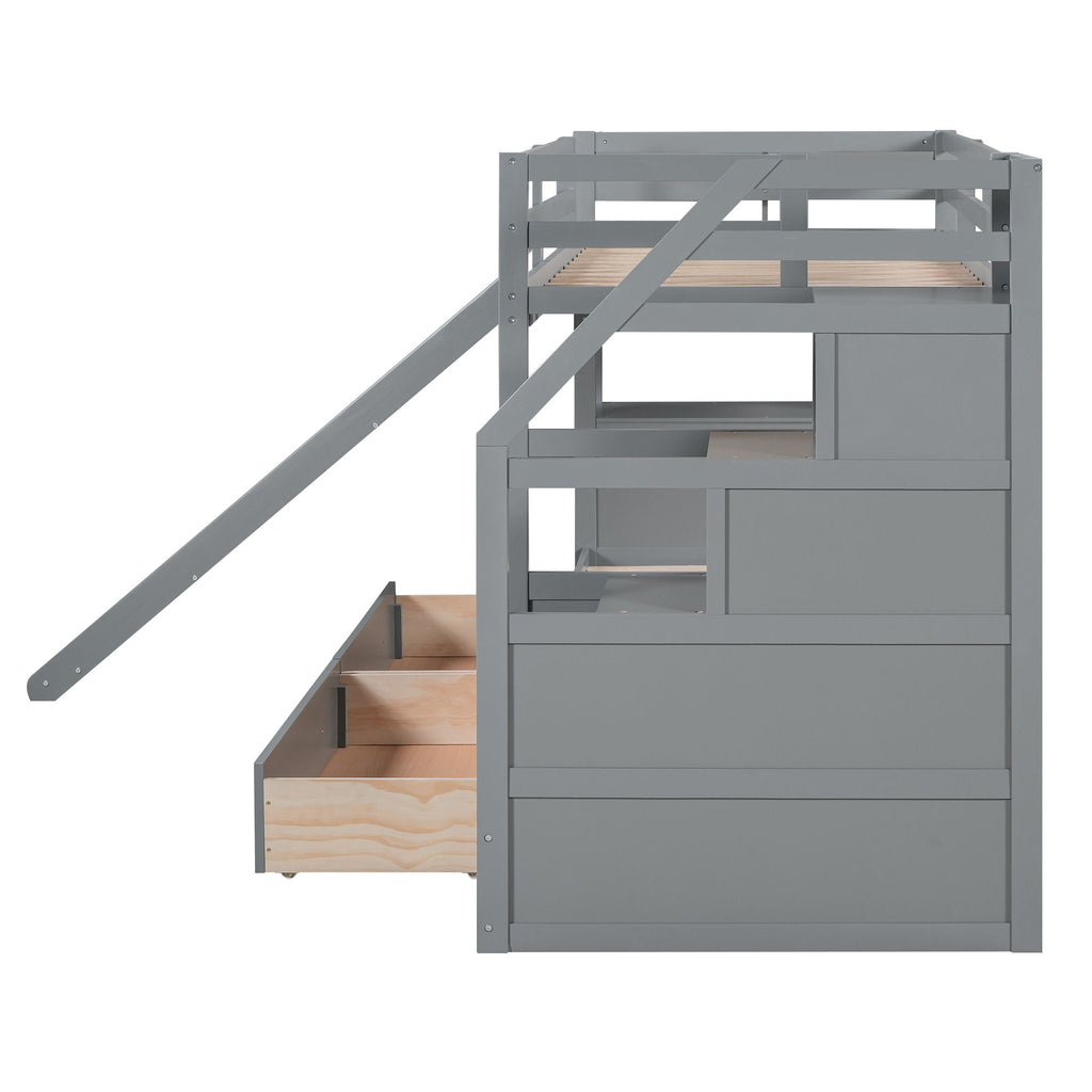 Bunk Bed with Storage Staircase, Slide & Desk - Twin or Full - Dark Gray or White
