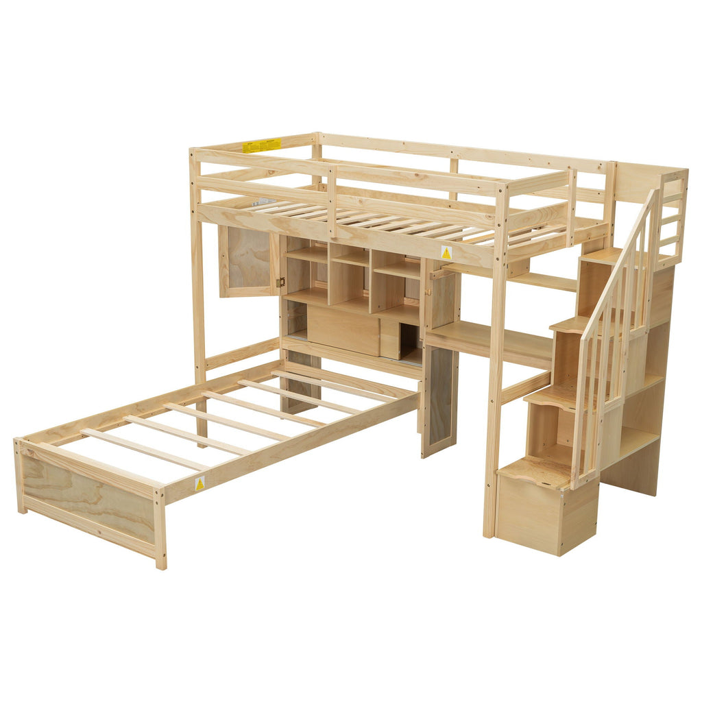 Twin Over Twin Loft Bed with Built-In Desk and Staircase - White or Light Brown