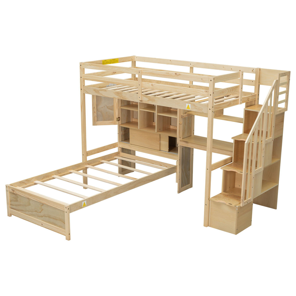 Twin Over Twin Loft Bed with Built-In Desk and Staircase - White or Light Brown