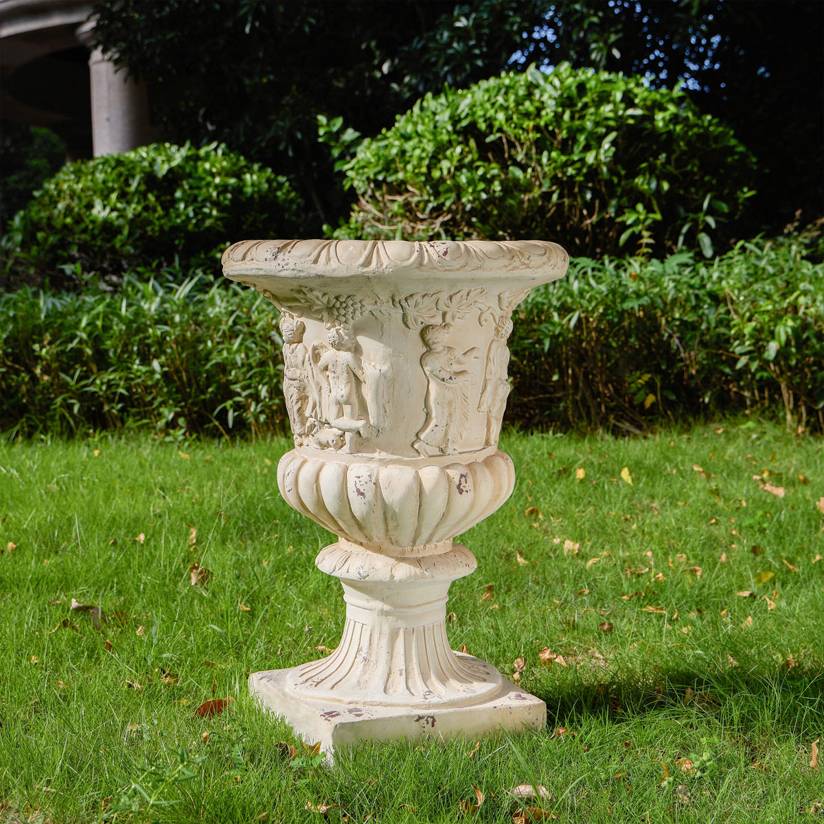Garden Urn, Antique White, 27" H with Drainage Hole